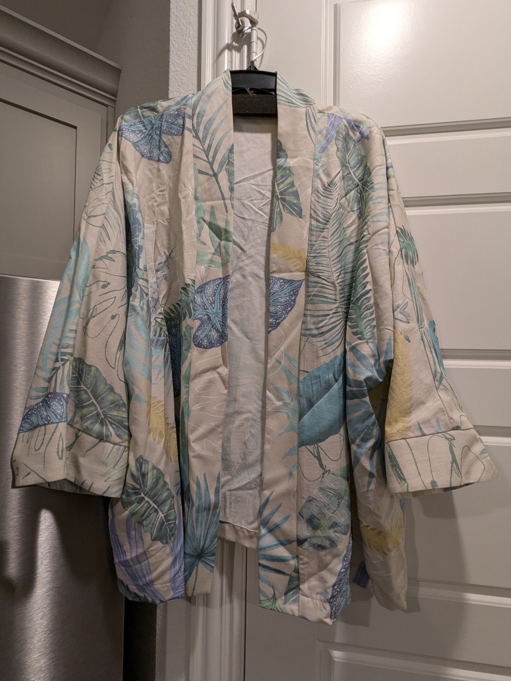 Vilagallo Tropical Print Open-Front Kimono Jacket - Cream, Blue & Green